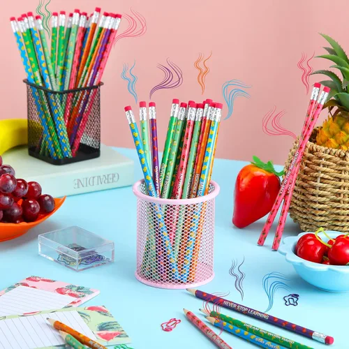 Vista 6 de 48 lápices inspiradores con aroma a fruta, lápices de frutas de colores para estudiantes, lápices de grafito motivacionales, bolígrafos cilíndricos