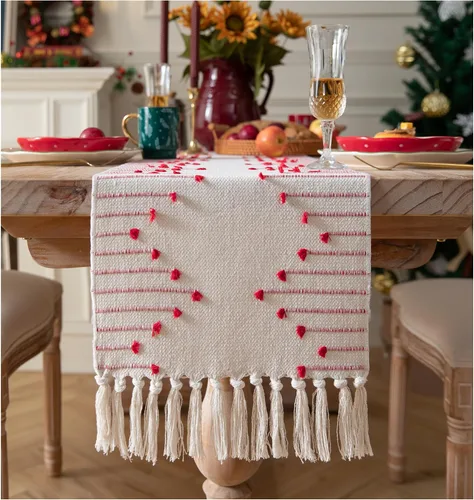 Vista 9 de Camino de mesa bohemio de 13 x 48 pulgadas de largo, tejido de algodón natural con borlas para decoración de mesa de comedor del hogar