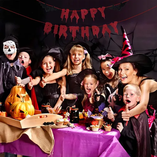 Vista 8 de Cartel rojo brillante de Halloween de Feliz Cumpleaños – Guirnalda de papel colgante de Halloween Banderines Banner Bloody Bat Vampire Decoraciones