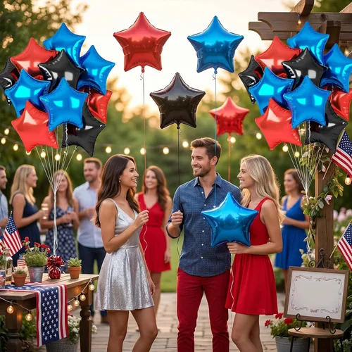 Vista 5 de Globos de estrellas rojas, azules y negras, globo de papel de aluminio de 18 pulgadas para helio, paquete de 10 globos rojos y azules, globo de Negro