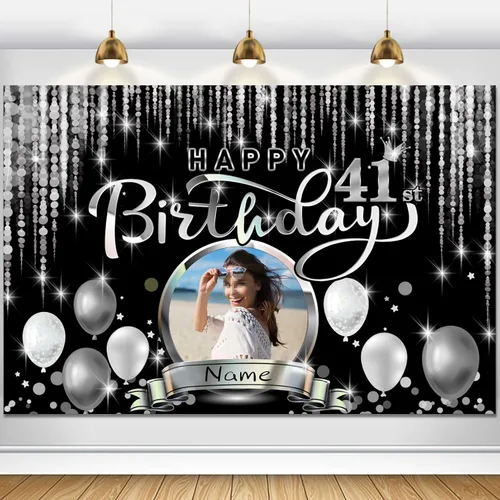 Vista 111 de Cartel de decoración de feliz cumpleaños número 100 personalizado - Personalización disponible - Negro y plateado - Tamaño grande - Admite fotos
