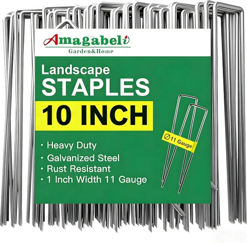 Vista 11 de AMAGABELI GARDEN & HOME Paquete de 50 grapas galvanizadas de 4 pulgadas para jardín, estacas de jardín de calibre 12, estacas de cubierta
