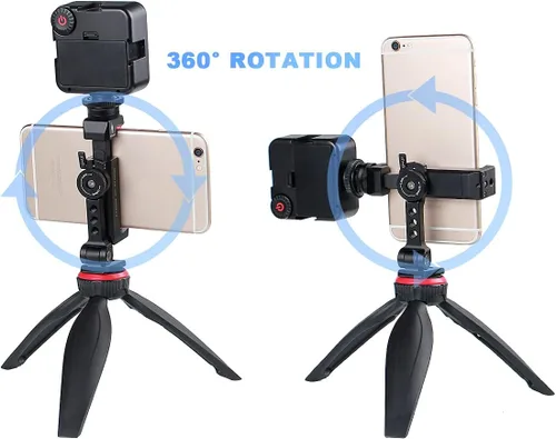 Vista 6 de Soporte de trípode de metal para teléfono con zapata fría giratoria para soporte de micrófono, compatible con iPhone y Android, adaptador de trípode