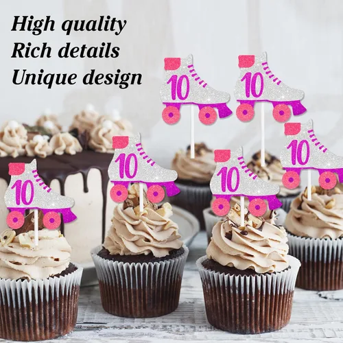 Vista 6 de 18 piezas de decoración de cupcakes para fiestas de cumpleaños número 10, decoración de patín rosa y morado para niños de 10 años y niñas, fiesta