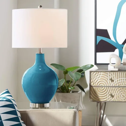 Vista 12 de Color + Plus Lámpara de mesa moderna de 28.5 pulgadas de alto, cristal azul Mónaco OVO blanco con pantalla de tambor de lino para sala de estar