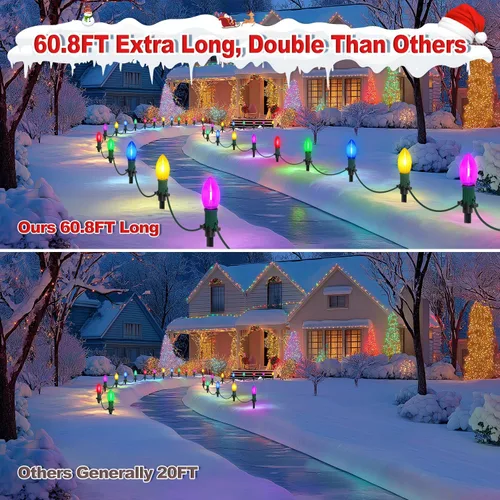 Vista 5 de USOKYO Luces LED C9 de 60 pies para caminos de Navidad al aire libre, 40 bombillas multicolor, impermeables, conectables, luces extralargas