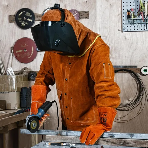 Vista 7 de Capucha de Soldadura de Cuero - Capucha de Cuero de Vaina Dividida para Soldadores con Cubierta de Cuello y Hombro - Protección Completa