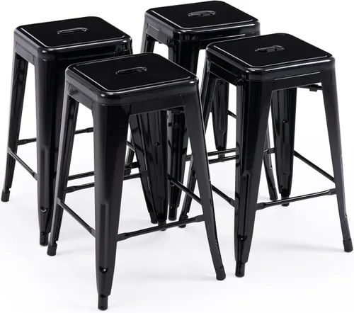 Vista 18 de Vogue Furniture Direct 24" Taburetes de bar de metal sin respaldo negros para interiores/exteriores, altura para encimera con asiento cuadrado