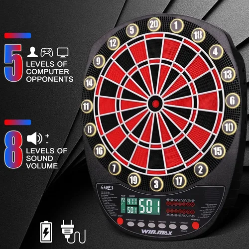 Vista 4 de WIN.MAX Tablero electrónico de dardos de punta suave, juego de pantallas LED, 3 idiomas con 12 dardos 100 puntas adaptador de corriente