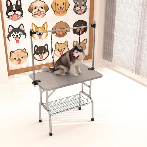 Vista 9 de Mesa de aseo para perros de 36 pulgadas, mesas plegables para aseo de mascotas con brazo ajustable, bandeja de malla de almacenamiento de nudos Negro