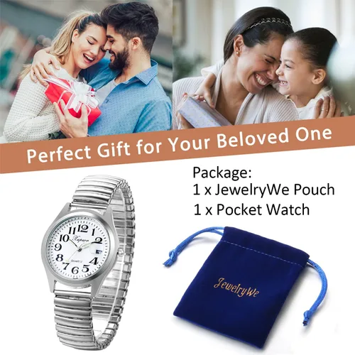 Vista 7 de JewelryWe Reloj analógico Easy Reader para mujer, chapado en oro, plata, banda elástica