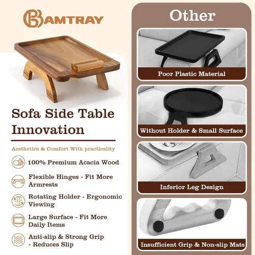 Vista 7 de Mesa de madera de acacia con reposabrazos, mesa de sofá para sala de estar, bandeja para reposabrazos de sofá con soporte giratorio para teléfono