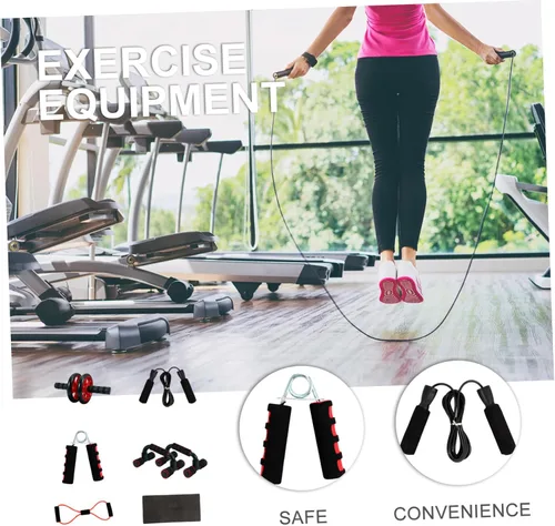 Vista 3 de Kit de rodillo de abdominales de doble rueda roja con barras de flexión, herramienta de agarre de cuerda elástica para fortalecer el núcleo
