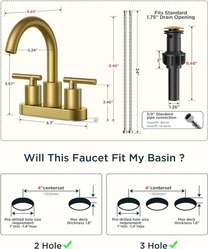 Vista 8 de FORIOUS Grifo de lavabo de baño de oro cepillado de 4 pulgadas, 2 agujeros