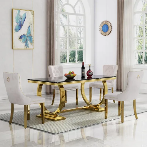 Vista 65 de HomVent Juego de mesa de comedor moderna de mármol sintético para 4 personas, mesa de cocina rectangular con 4 sillas beige (dorado)
