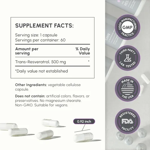 Vista 3 de partiQlar Trans-Resveratrol 500mg - Suplemento de resveratrol de alta pureza para antienvejecimiento, salud cardíaca y energía celular, potente