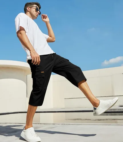 Vista 2 de JMIERR Pantalones cortos de sarga para hombre con cordón de algodón clásico elástico con 6 bolsillos