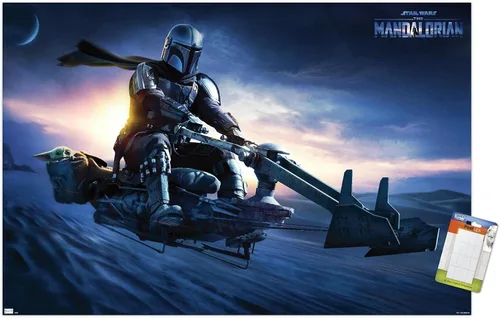 Vista 22 de Star Wars: The Mandalorian - Póster de pared Grogu Sunset Speeder, 34 pulgadas de largo x 22.4 W, versión premium sin marco