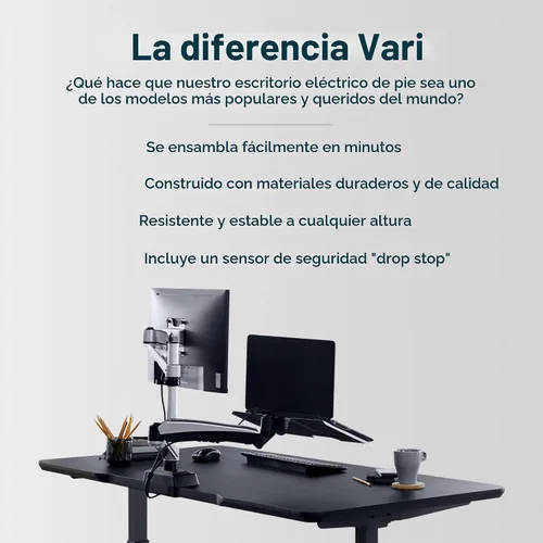 Vista 3 de Vari Classic - Escritorio eléctrico de pie VariDesk ajustable en altura para sentarse/para estar de pie - Escritorio de bipedestación con dos Parte