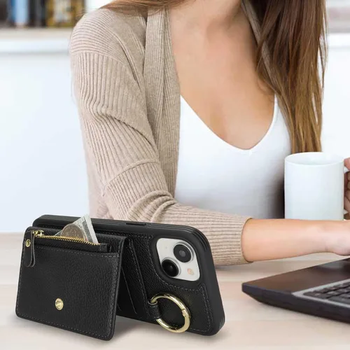 Vista 4 de Funda para iPhone 14 Plus con tarjetero, color negro Funda con cremallera y ranura para mujer y hombre