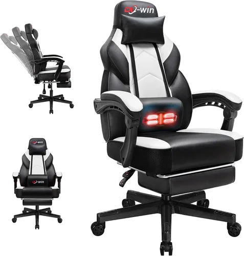 Vista 9 de Silla de juegos para adultos con reposapiés y soporte lumbar de masaje, silla ergonómica de respaldo alto, sillas giratorias ajustables