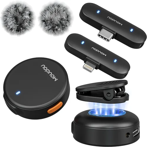 Vista 9 de Micrófono de solapa inalámbrico para iPhone, teléfono Android, PC, rango de 100 pies, estuche de carga de batería de 50 horas, micrófonos con clip