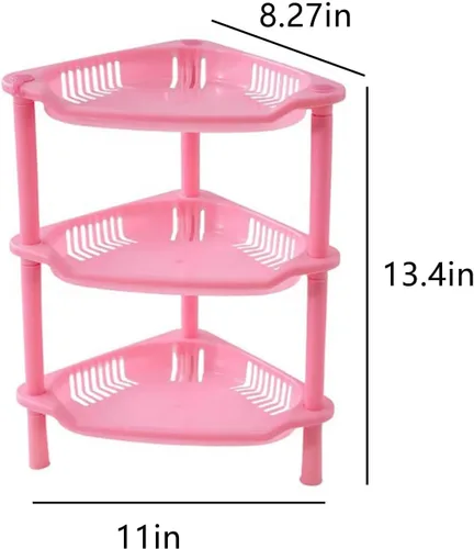 Vista 2 de Organizador de ducha de 3 niveles, estante esquinero de plástico rosa, estante de escritorio multifuncional hueco para escritorio, organizador