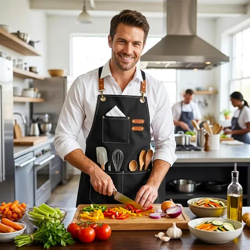 Vista 5 de Cross-Back Chef Aprons for Men and Women, Water Repellent Cotton Canvas Adjustable Work Apron with Pockets Negro