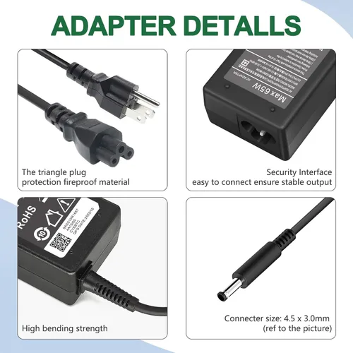 Vista 4 de Cargador de 65 W para cargador de laptop Dell, adaptador de CA para Dell Inspiron 15 3000 5000 Series 15-3552 3558 3565 3567 5551 5552 5555 5558