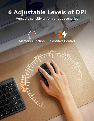 Vista 6 de TECKNET Ratón Bluetooth [USB + BT1 + BT2] Ratón inalámbrico para laptop, clic silencioso, diseño ergonómico, 4800 DPI Ratones de computadora