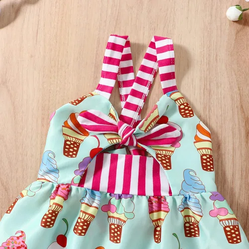 Vista 9 de Falda de verano para niñas pequeñas, con estampado de heladodinosaurio, sin mangas, correa sin espalda, vestido de 1 a 6 años