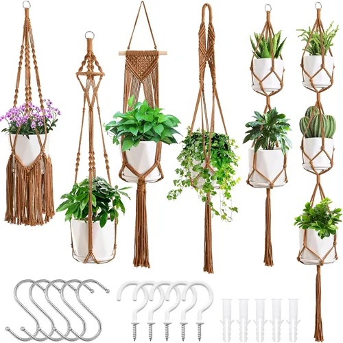 Vista 10 de SFENNGPET - Paquete de 6 perchas de macramé para plantas, juego de 6 perchas colgantes para plantas de interior con kit de 6 perchas hechas a mano