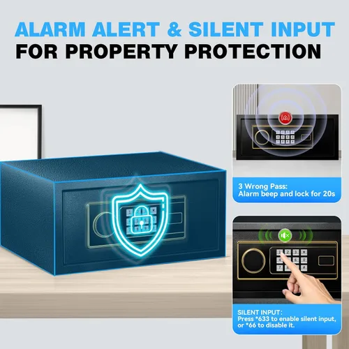 Vista 6 de Caja de seguridad para el hogar, caja de seguridad de acero para oficina y hogar, teclado electrónico digital, sistema de alarma y estante