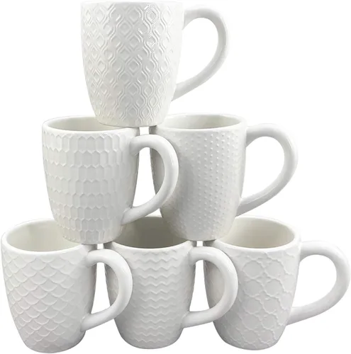 Vista 11 de Schliersee Juego de 6 tazas de café de cerámica apilables de 12 oz, taza pequeña con patrón geométrico floral, taza de café de porcelana azul