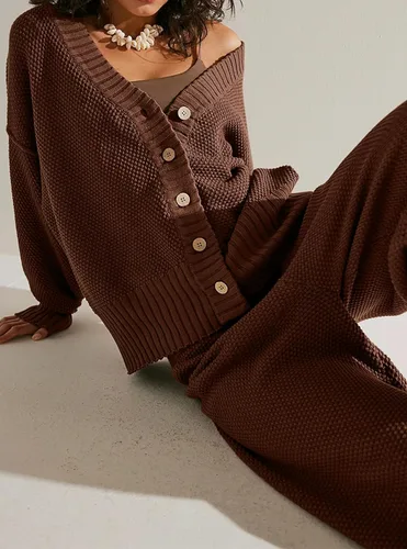 Vista 4 de calbatic Conjunto de dos piezas para mujer, suéter de punto y pantalones de pierna ancha, ajuste holgado, conjunto casual de descanso, Marrón