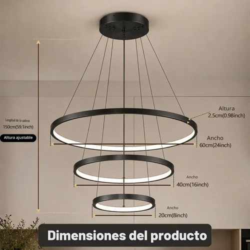 Vista 3 de LightInTheBox Lámpara colgante de 3 anillos para sala de estar, comedor, luz de techo moderna, diseño de círculo, 20+40+23.6 in, color = negro