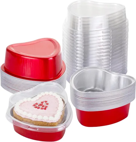 Vista 10 de Juego de 15 moldes para pasteles en forma de corazón con tapas, mini recipientes desechables de papel de aluminio para cupcakes de 22.7 onzas