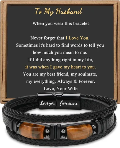 Vista 13 de Regalos únicos para hombres, pulsera de cuero para hombres, papá, novio, hijo, nieto, hermano, te amo para siempre, piedra ojo de tigre, día
