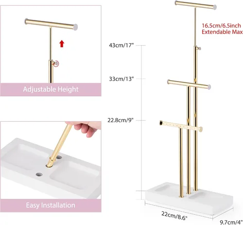 Vista 5 de Love-KANKEI Organizador de joyas colgante con base de metal y madera, soporte para collar con árbol de 3 niveles soporte para joyas para pulseras