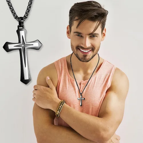 Vista 6 de Collar con colgante de cruz de Jesucristo grande de acero inoxidable para hombre con cadena bizantina de 22, 24, 26 pulgadas, negrodoradoplata