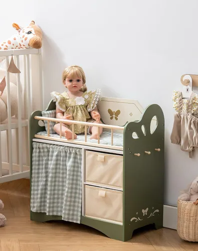 Vista 4 de ROBOTIME Cuna de muñeca de bebé, cama de madera para muñecas, cuna de bebé de juguete con almacenamiento, ropa de cama y ganchos de madera, cuna