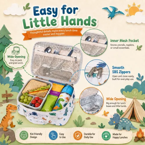 Vista 8 de LOIDOU Lonchera para niños y niñas, bolsa térmica con aislamiento térmico y reutilizable, para viajes escolares (dinosaurio)