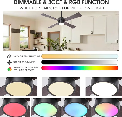 Vista 4 de Ventiladores de techo con luces, ventilador de techo de araña de 52 pulgadas con LED RGB para dormitorio, sala de estar, control remoto/aplicación