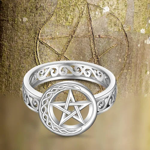 Vista 4 de Talonior Anillo de pentagrama con pentáculo para mujer, nudo celta, luna creciente, bruja, wicca, anillos paganos, plata de ley, amuleto, estrella
