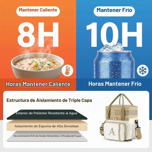 Vista 4 de LOKASS Lonchera personalizada con inicial para mujer, lonchera térmica de doble cubierta con correa, lonchera grande a prueba de fugas de 16 litros