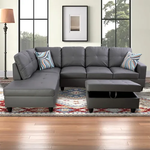 Vista 25 de Sofá modular para sala de estar, sofá seccional de cuero marrón en forma de L con diván y otomano de almacenamiento para sala de estar, B- marrón