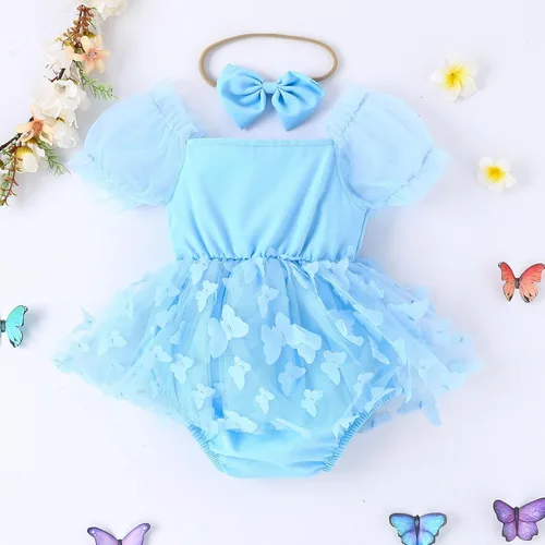 Vista 3 de IDOPIP Conjunto de 2 piezas para bebé recién nacido, con diadema, bordado de flores, tutú, princesa, fiesta de cumpleaños, conjunto de ropa