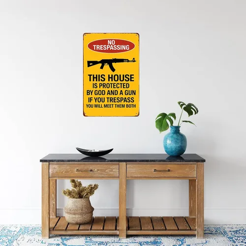 Vista 6 de Póster de metal retro con advertencia de "No Trespassing Gun" para garaje, hombre, cueva, baño, dormitorio, granja, inspirador, arte de pared