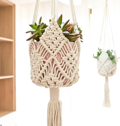 Vista 14 de Maceta Colgante con Patrones, Juego de 4 Colgadores de Macramé para Plantas de Interior, para Macetas de hasta 8 Pulgadas, Soporte de Ganchillo Boho
