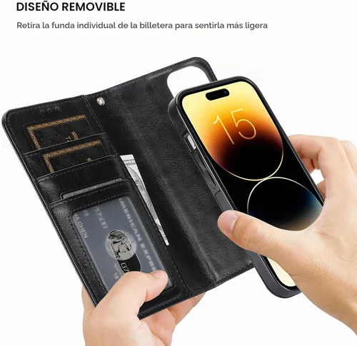 Vista 3 de Bocasal Funda tipo cartera desmontable para iPhone 15 con bloqueo RFID, ranuras para tarjetas, soporte de cuero PU premium, soporte magnético tipo